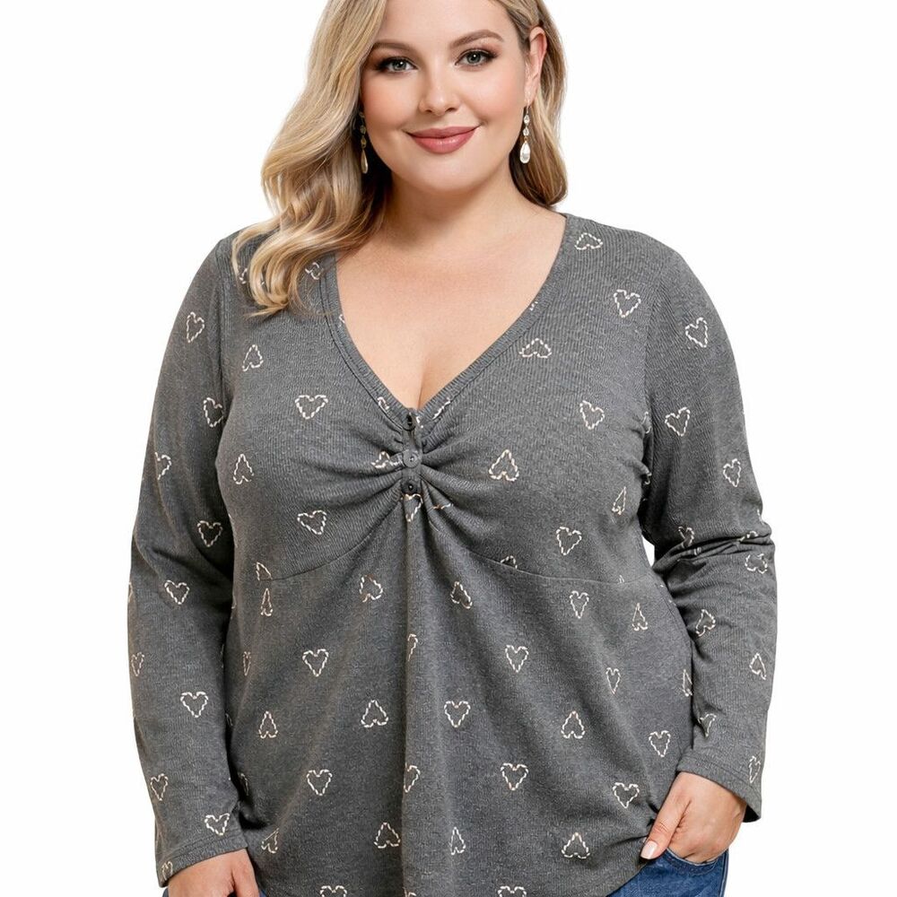 Torrid Shirt Womens 2 Gray Heart Ruched Button V Neck Long Sleeve Plus Top